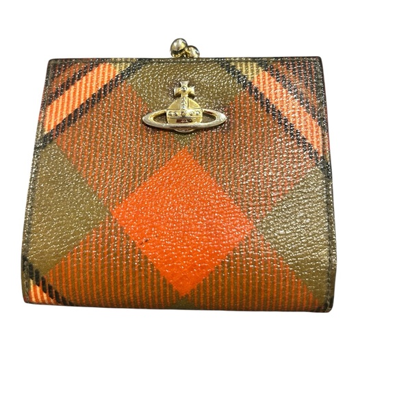 Vivienne Westwood Orange and Brown Checkered Wallet With a KISS Lock Closure - Picture 2 of 8